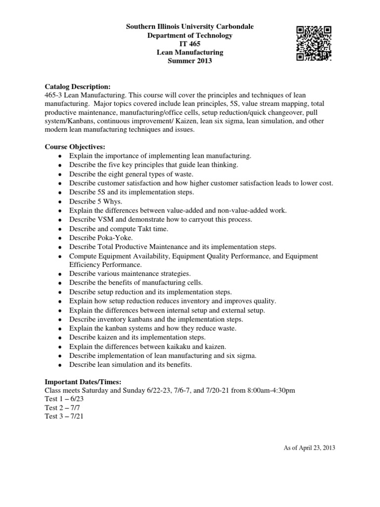 IT465 SYLLABUS Lean Manufacturing Systems Theory