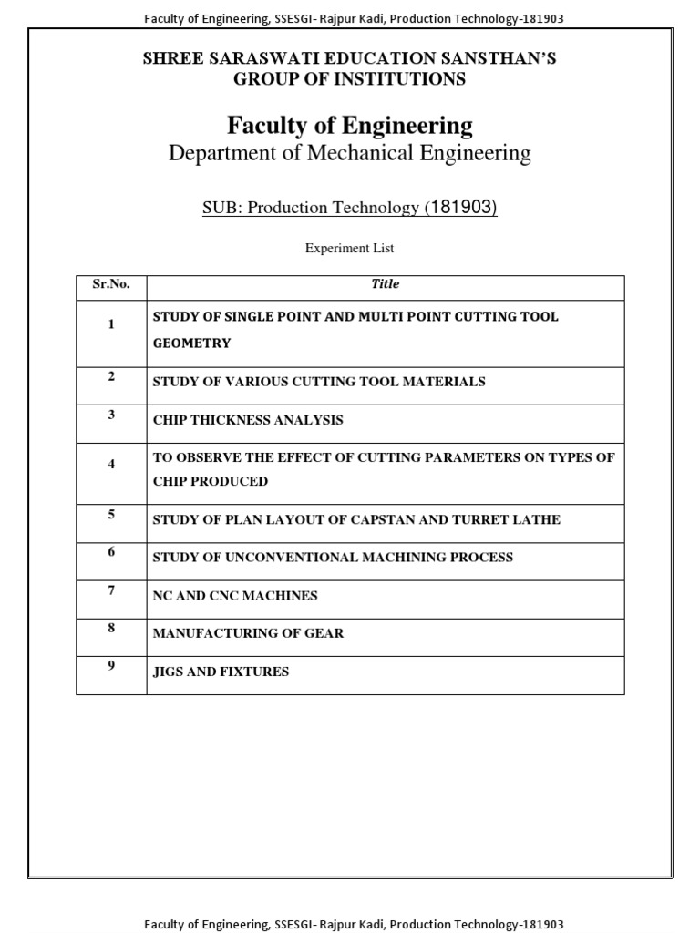 Production_Technology Lab Manual 181903 | Machining | Gear