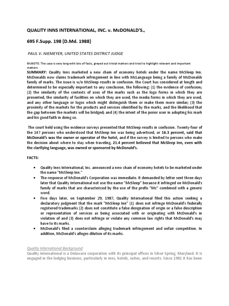 McSleep Inn Trademark Dispute Summary | PDF | Trademark | Mc Donald's