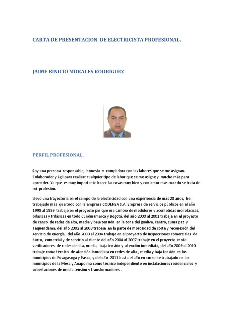 Carta de Presentacion de Tecnico Electricista Profesional