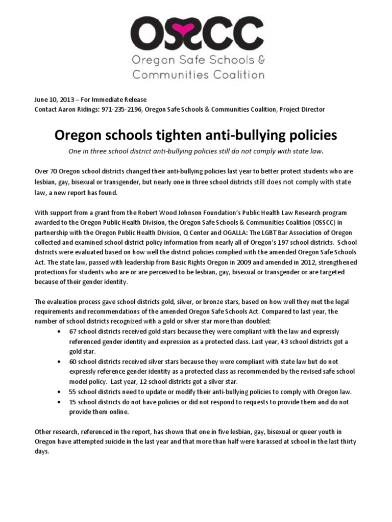 Safe Schools Press Release PDF Lgbt LGBTQIA+ Studies