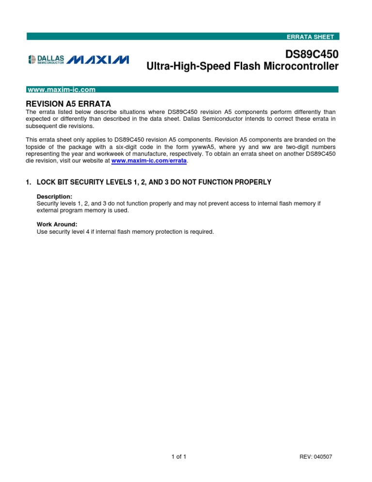 DS89C450 Revision A5 Errata | PDF | Business | Technology & Engineering