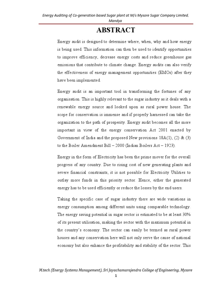 Energy Audit of Mysore Sugar Company | PDF | Sugarcane | Cogeneration