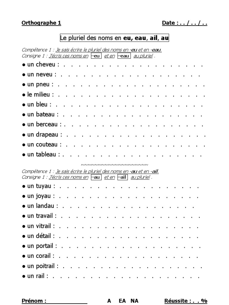 Exercices Le Pluriel Des Noms Ce2 01 Pluriel Des Noms en Eu Eau Au Ail | PDF