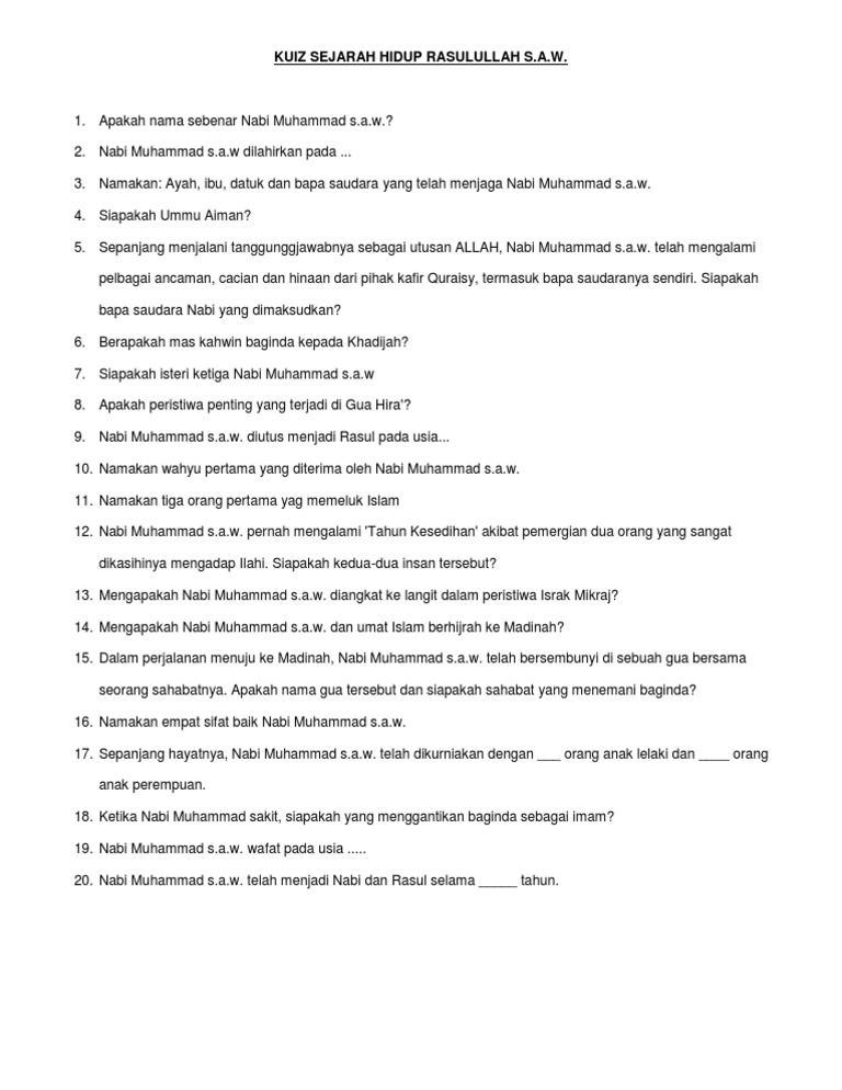 Kuiz Sejarah Hidup Rasulullah S Pdf