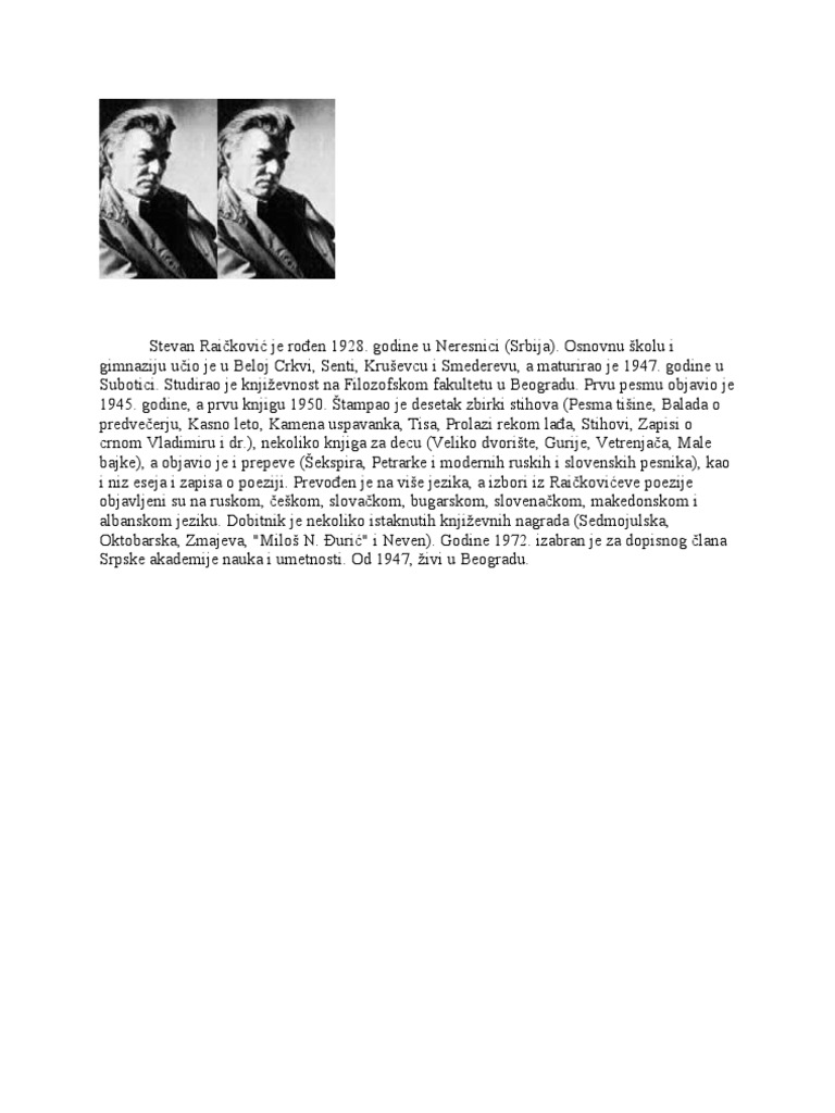 Stevan Raičković - Biografija I Poezija | PDF
