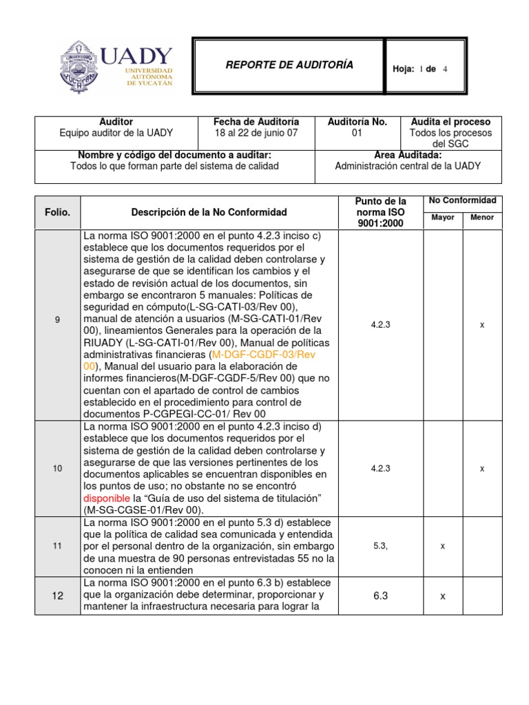 Ejemplo de Reporte Auditoria Gestión de la calidad Calidad