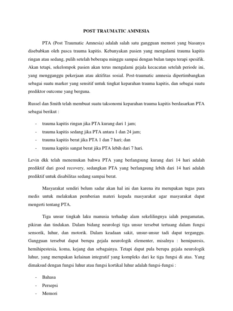 PostTraumatic Amnesia, Amnesia, Trauma Kapitis