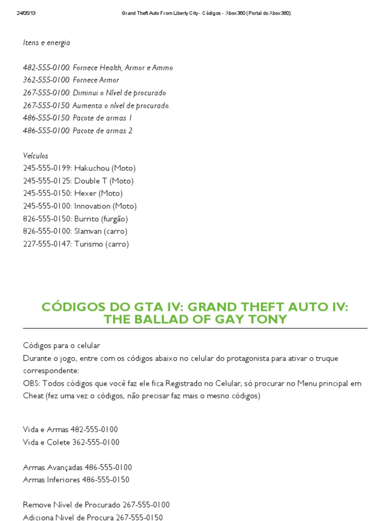 Todos os códigos / cheats de GTA San Andreas Xbox 360 