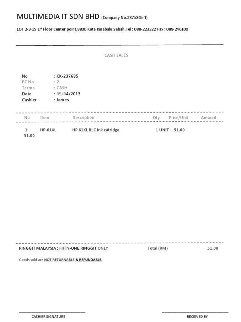 Cash Sales Receipt for HP Ink Cartridge | PDF | Dollar | Malaysia