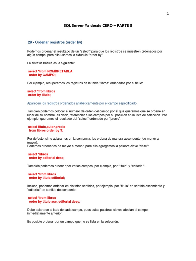 Ordenar y Filtrar Registros en SQL | PDF | Tabla (base de datos) | Base ...