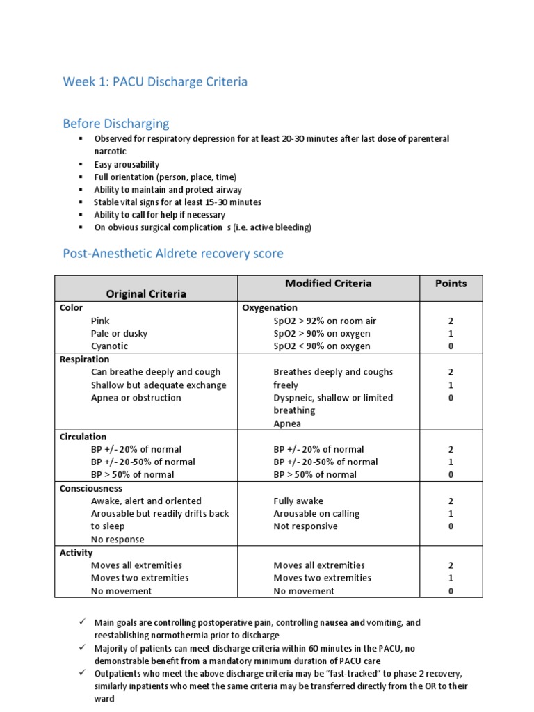 PACU Discharge Criteria PDF