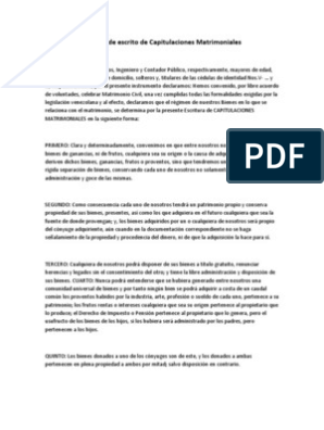 Modelo de Escrito de Capitulaciones Matrimoniales | PDF | Propiedad |  Matrimonio