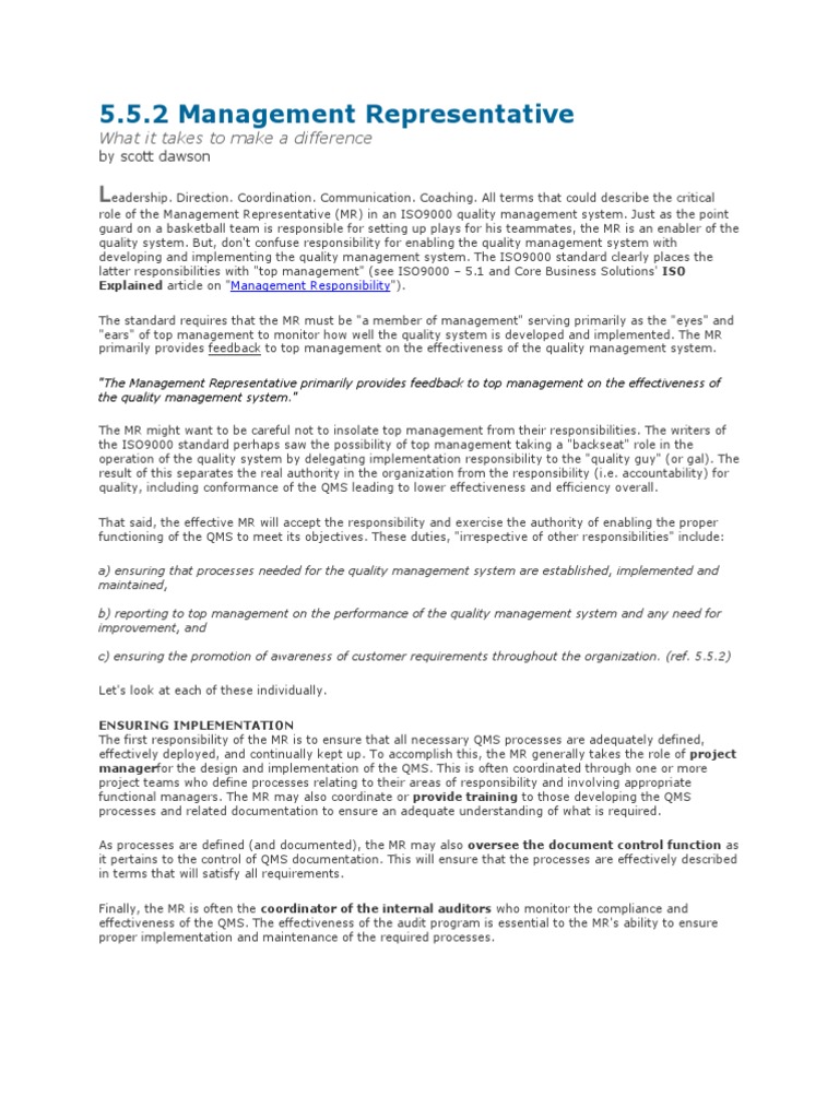 Role of Management Representative in QMS | PDF