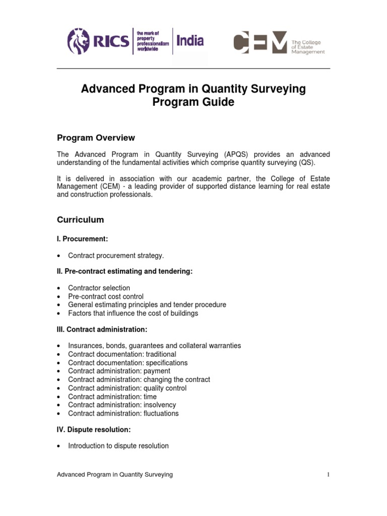 Advanced Quantity Surveying Program Guide | PDF | Procurement | Test ...