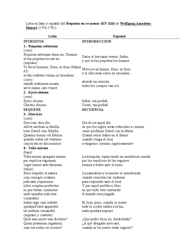 Misa de Réquiem en Re Menor, KV 626 Letra en Latín y Español