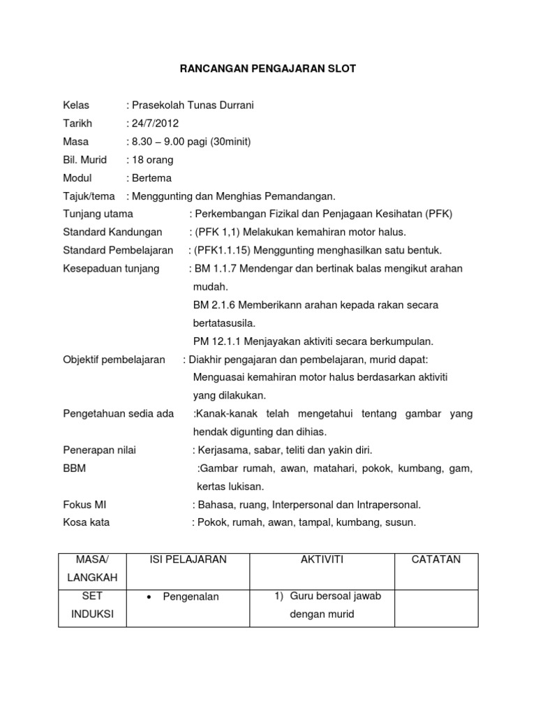 Rancangan Pengajaran Slot Prasekolah