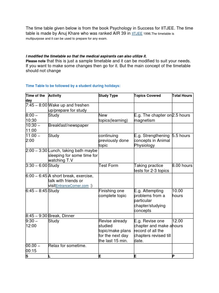 Timetable for IIT JEE Success | PDF | Standardized Tests | Test ...