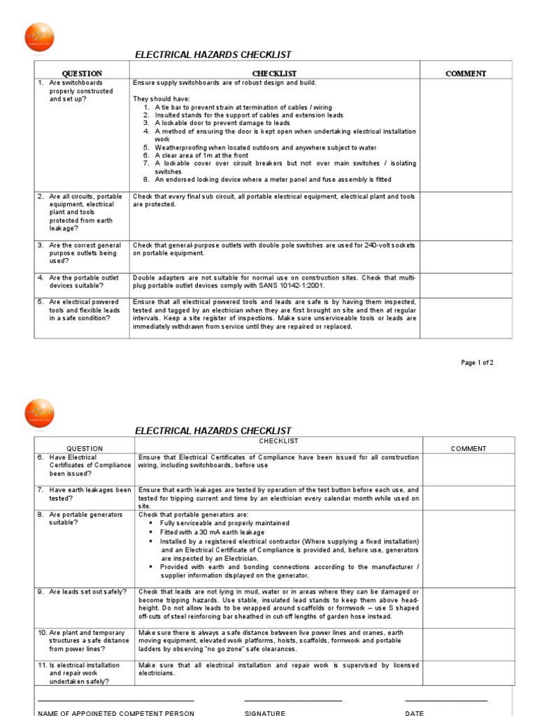Electrical Safety Risk Assessment Checklist | PDF | Electrician ...