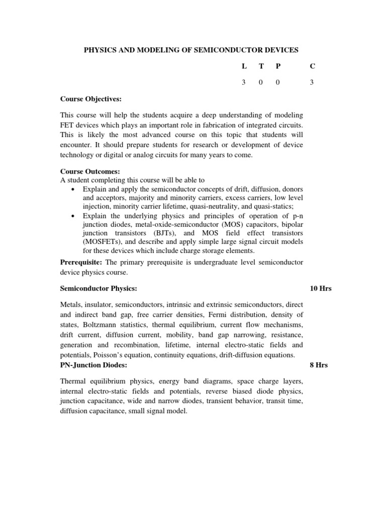 Physics and Modeling of Semiconductor Devices Syllabus | PDF | Mosfet ...