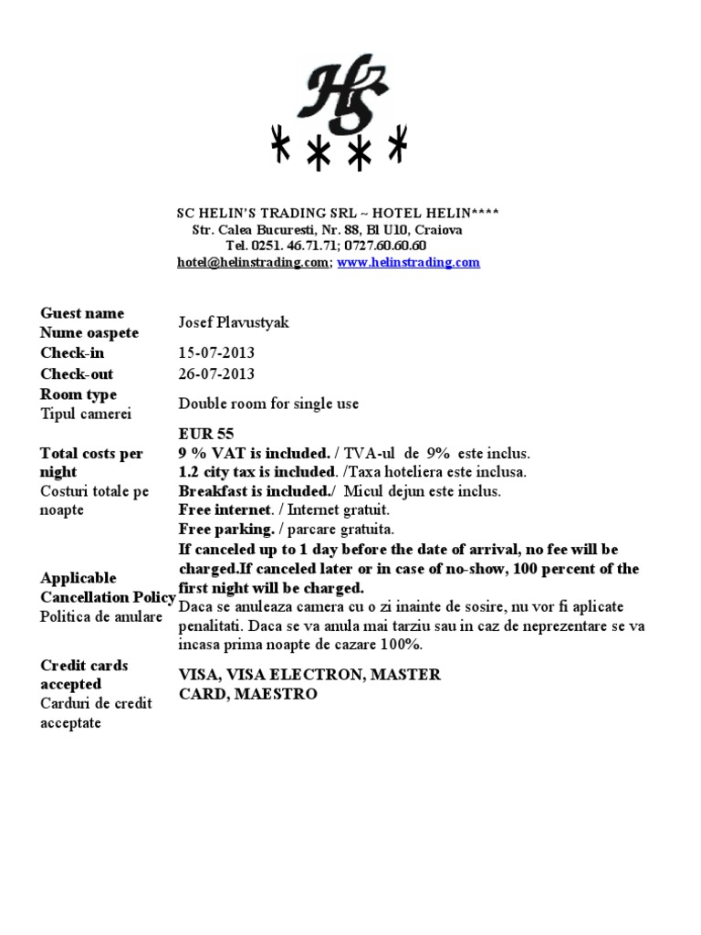 Hotel Helin Booking Confirmation | PDF