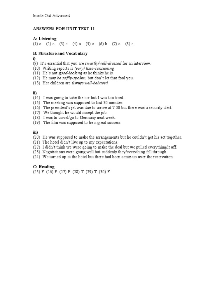 Unit Test 11 Answer Key PDF