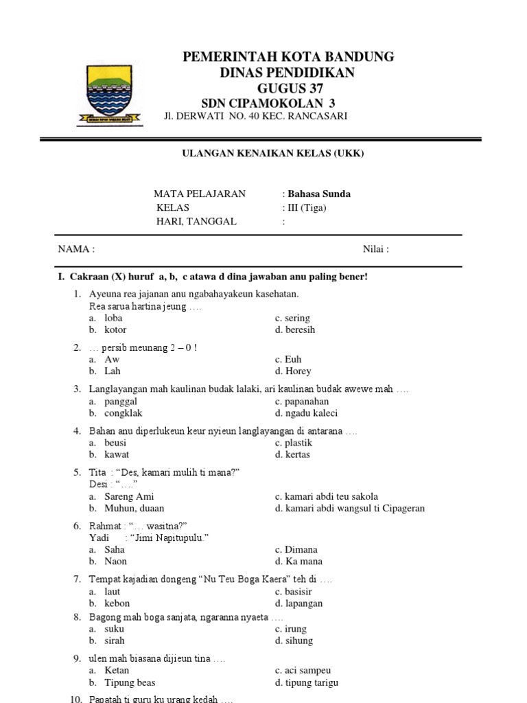 Soal Ukk Bahasa Sunda Kelas 3 Pdf