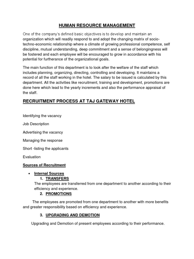 Taj Gateway Hotel HR Management Guide | PDF | Recruitment | Human ...