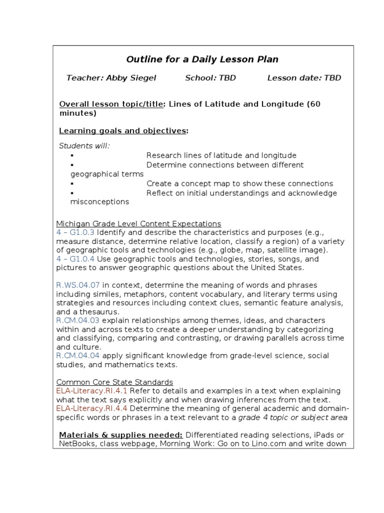 Outline For A Daily Lesson Plan: Teacher: Abby Siegel School: TBD ...