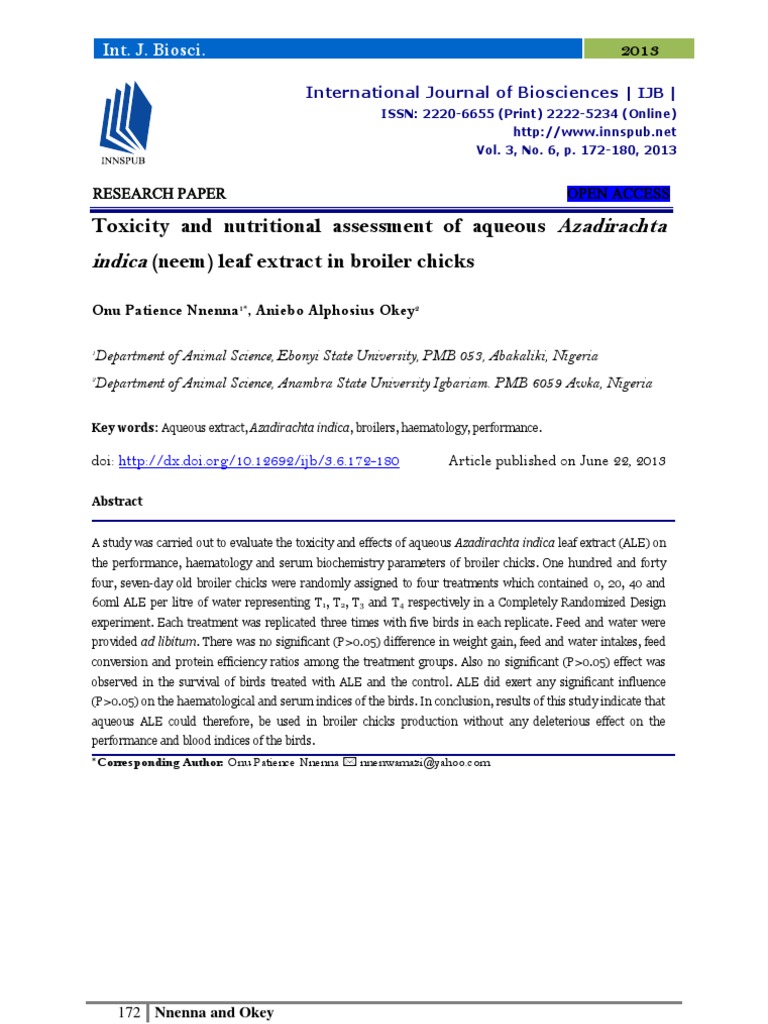 Toxicity and Nutritional Assessment of Aqueous Azadirachta Indica (Neem