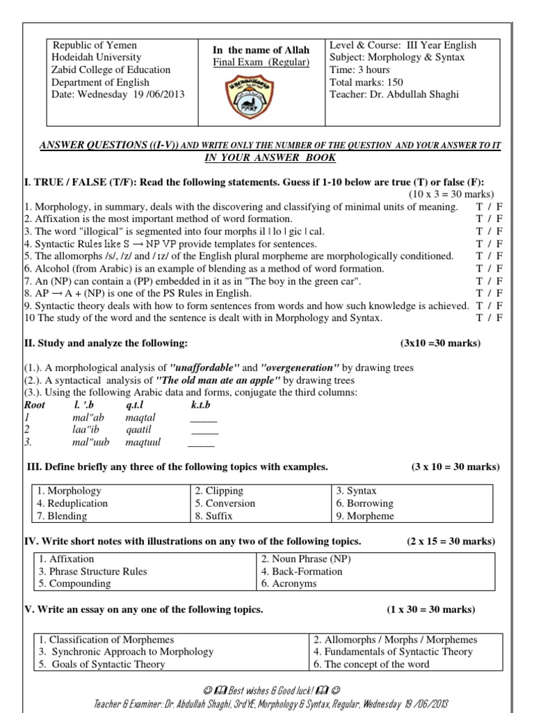 Morphology & Syntax Final Exam Guide | PDF | Morphology (Linguistics ...