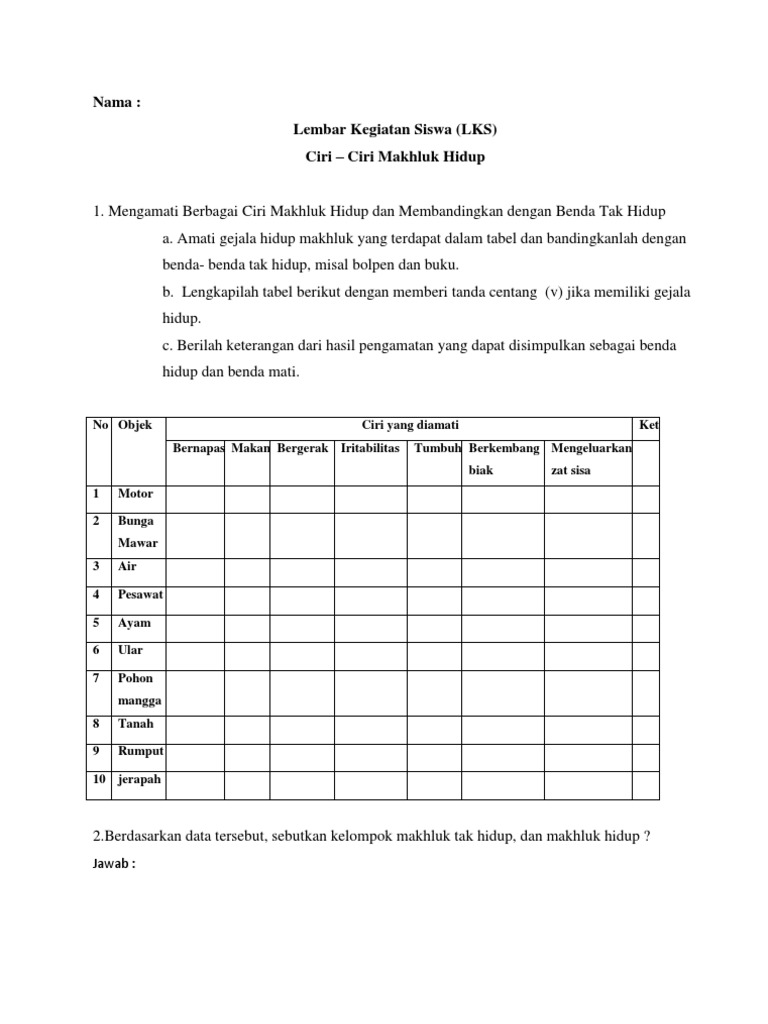 Lembar Kegiatan Siswa Lembar Kegiatan Siswa Ciri Ciri Makluk Hidup