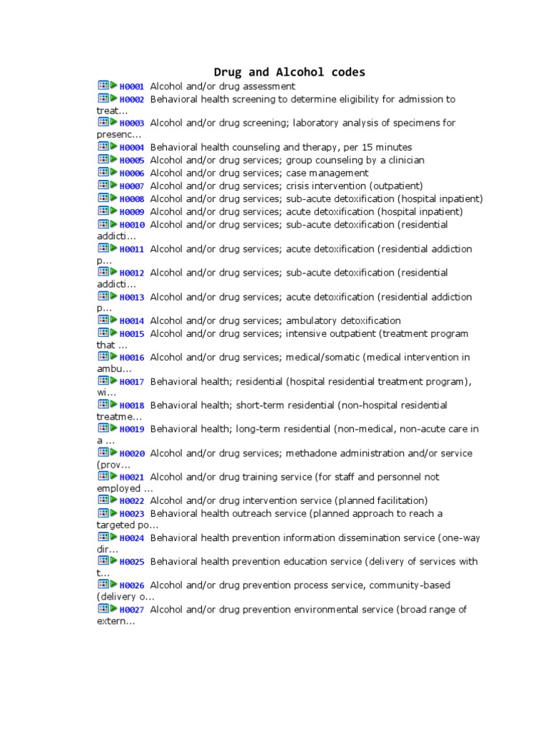 Alcohol Treatment Codes PDF Mental Health Substance Abuse