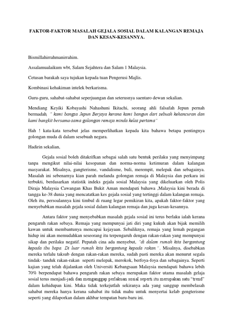 Teks Syarahan Masalah Sosial Di Kalangan Remaja