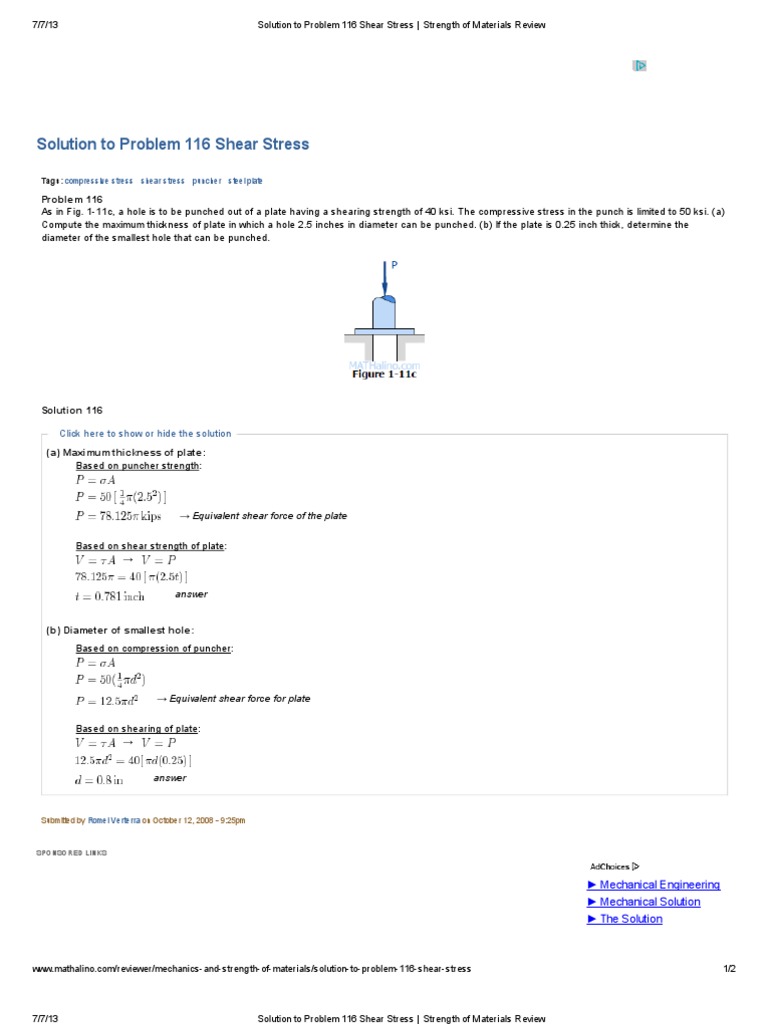 Shear Stress Problem 116 Solution | PDF | Strength Of Materials ...