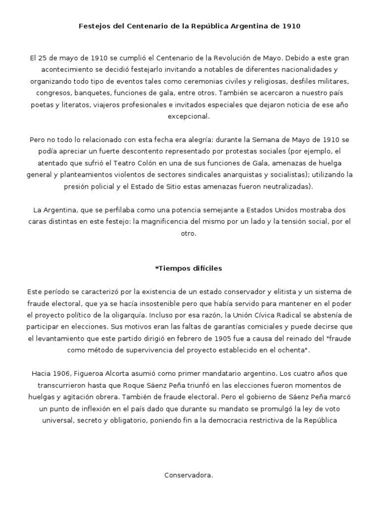 Festejos Del Centenario de La República Argentina de 1910 | PDF ...