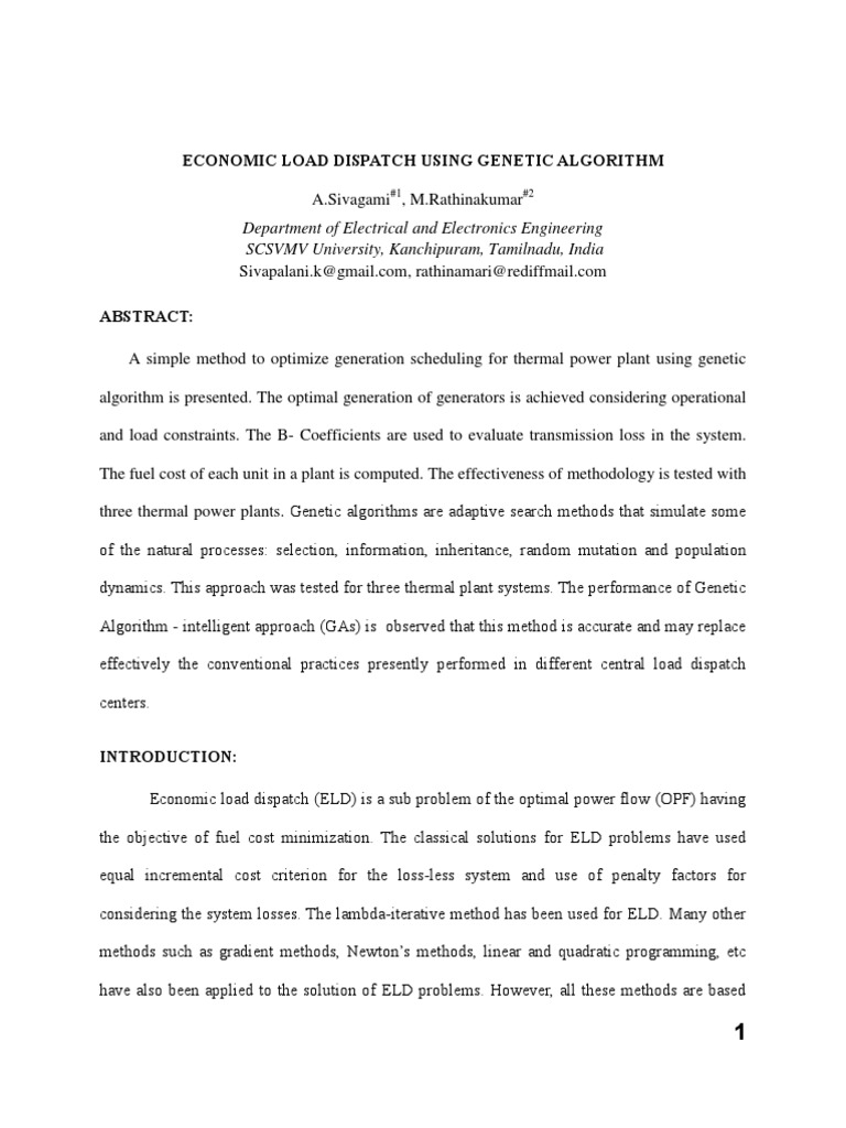 Economic Load Dispatch Optimization | PDF | Genetic Algorithm ...