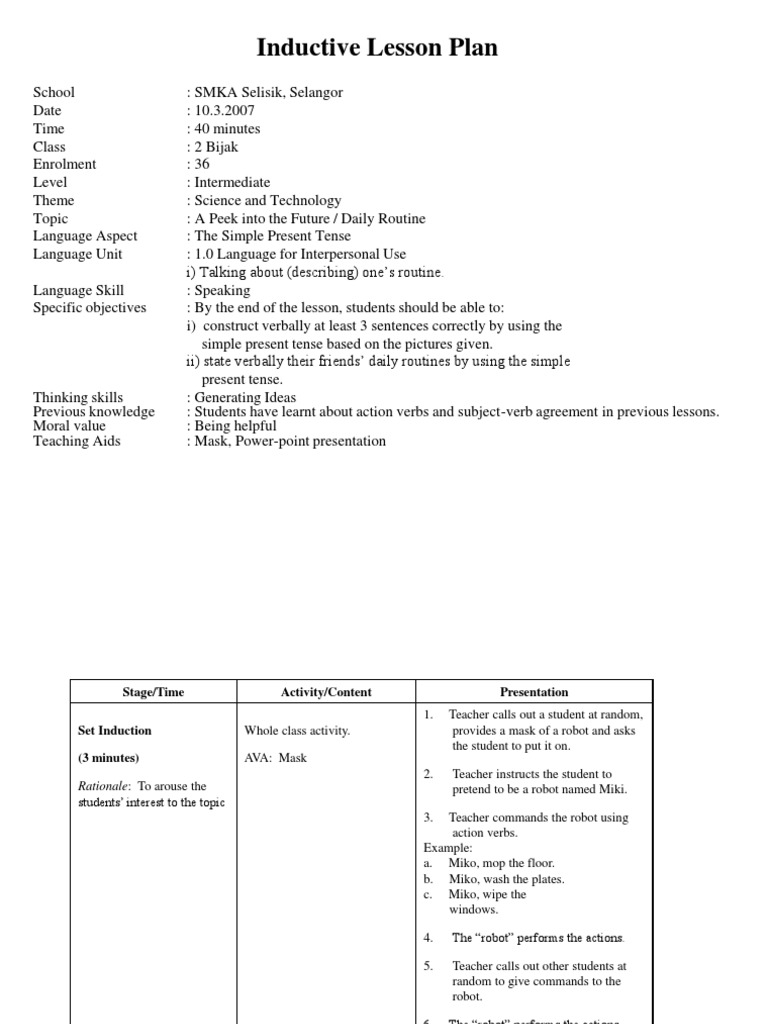 Inductive Lesson Plan PP | PDF | Grammatical Tense | Verb