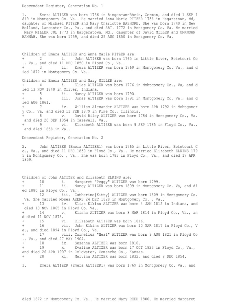 Altizer Family Descendant Register | PDF