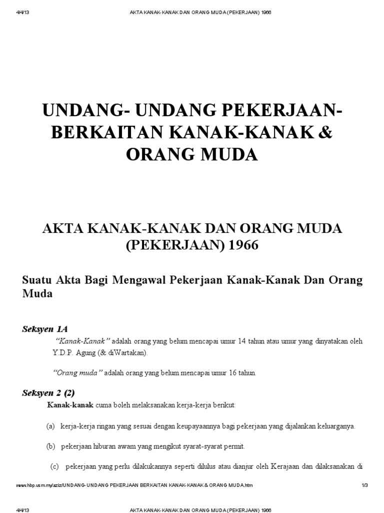 Akta Kanak Kanak Dan Orang Muda Pekerjaan 1966 Pdf