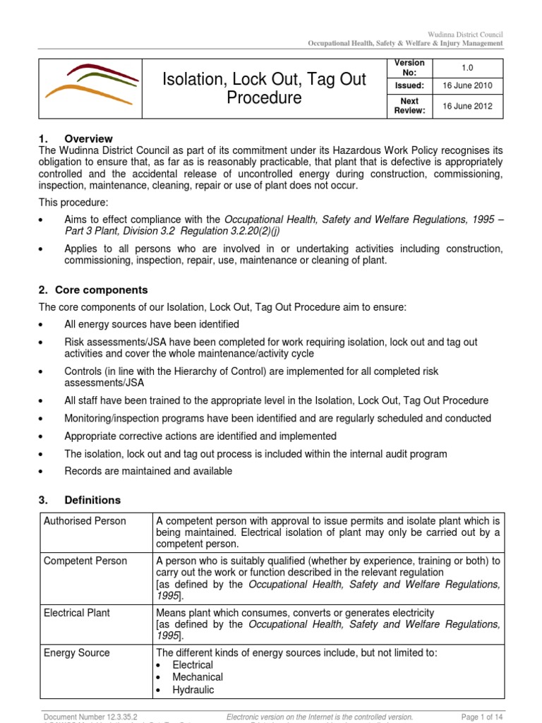Isolation LOTO Procedure V1 0 Occupational Safety And Health Safety