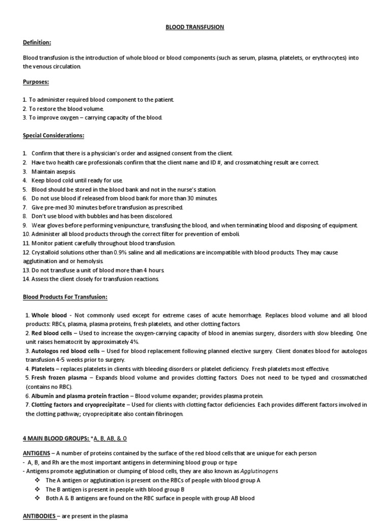 Blood Transfusion Procedures and Risks | PDF | Blood Type | Blood ...