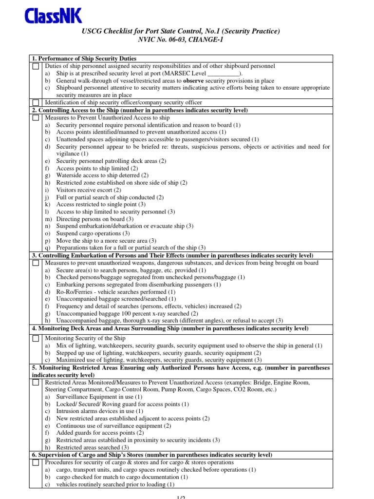 USCG PSC Checklist Ships Security Guard