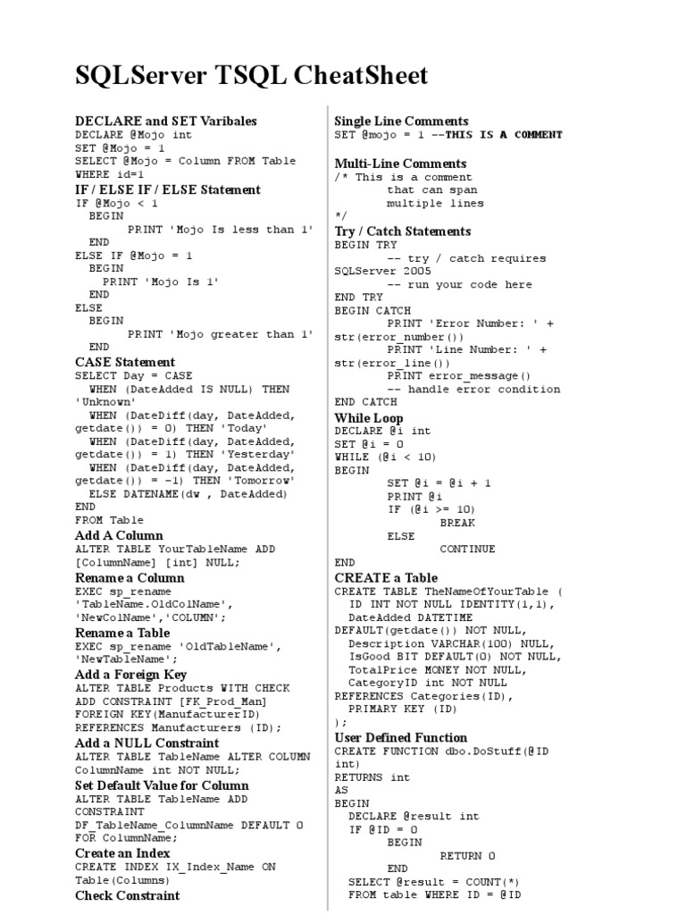 SQL Server T-SQL Cheatsheet | PDF | Data Management | Data Management ...