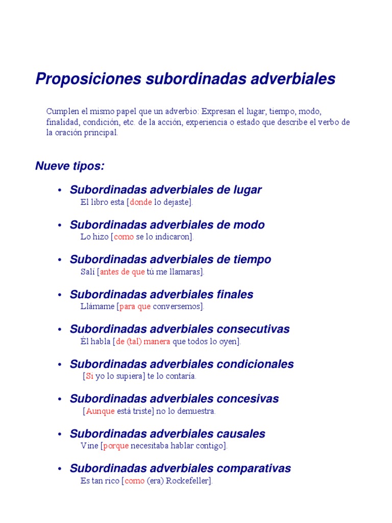 Proposiciones Subordinadas Adverbiales | PDF | Oración (Lingüística) |  Adverbio