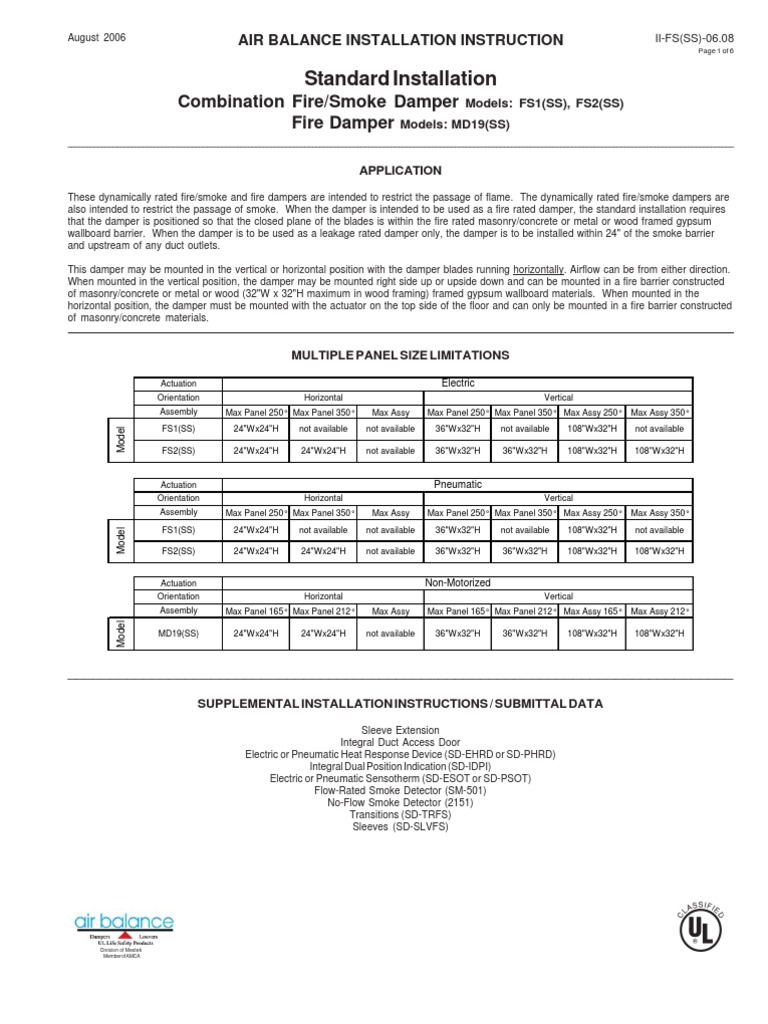 Installation Requirements and Specifications for Combination Fire/Smoke and Fire Dampers PDF