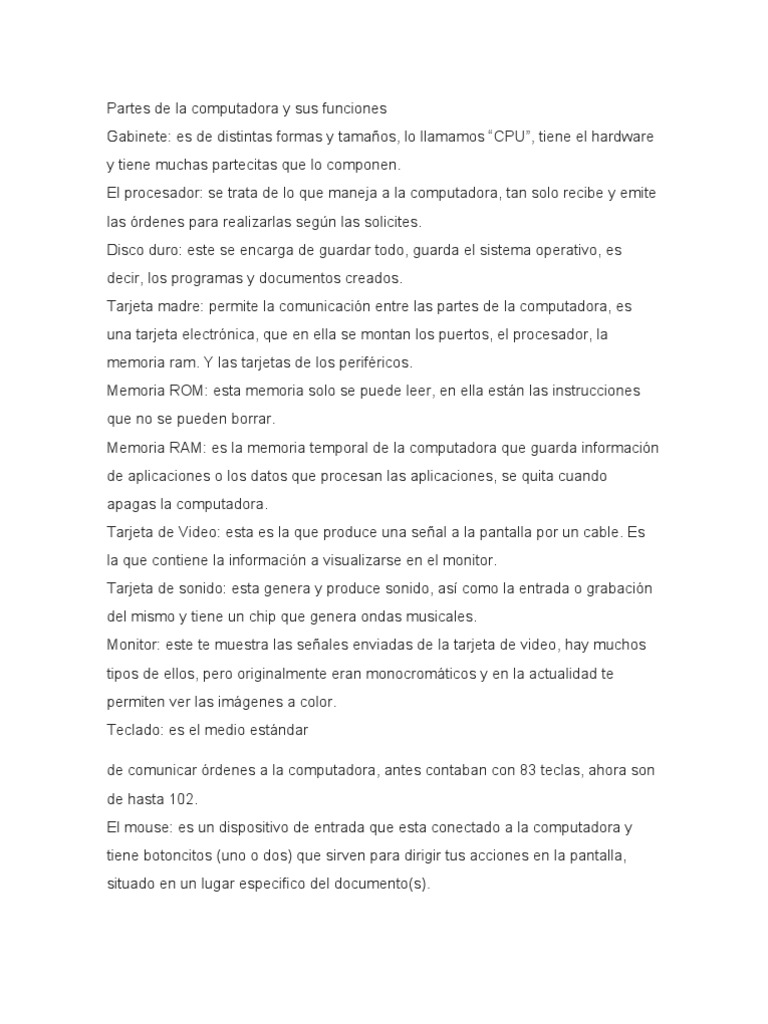 Partes y funciones de la computadora | PDF | Periférico | Unidad ...