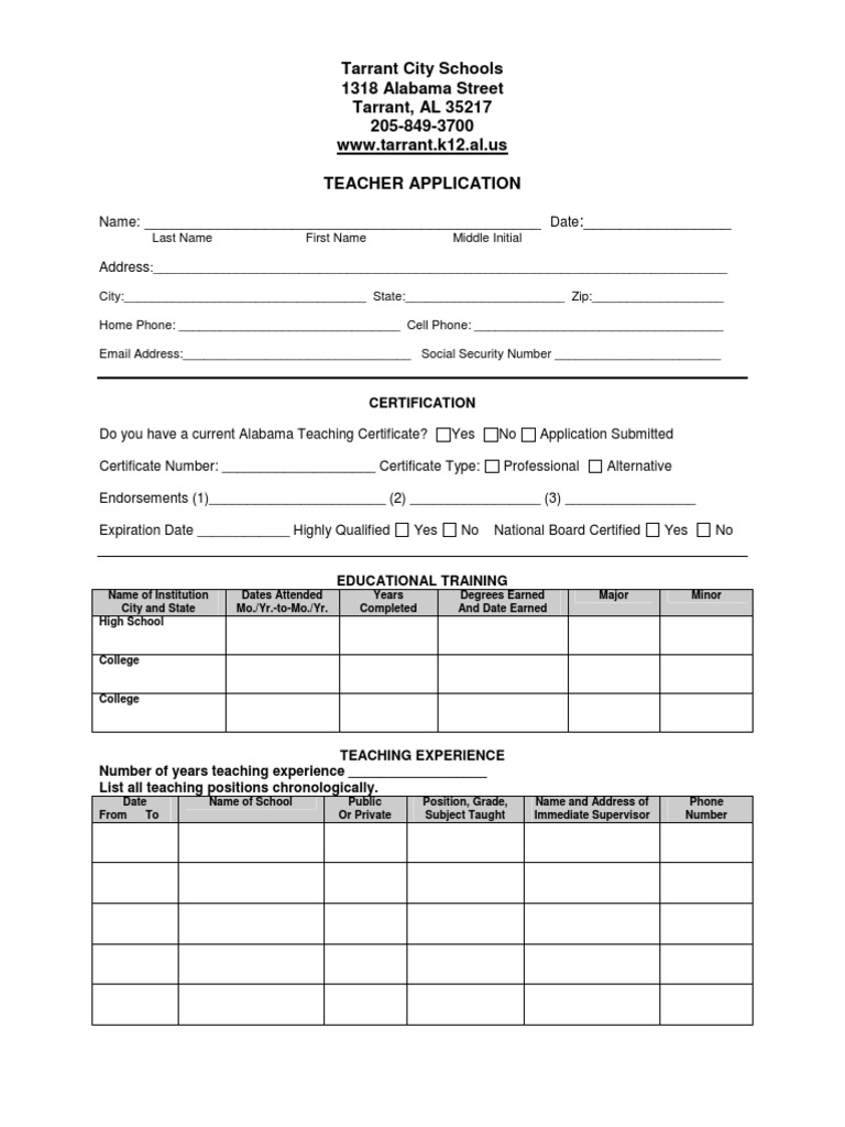 Tarrant City Schools Teacher Application | PDF | Teachers | Behavior ...