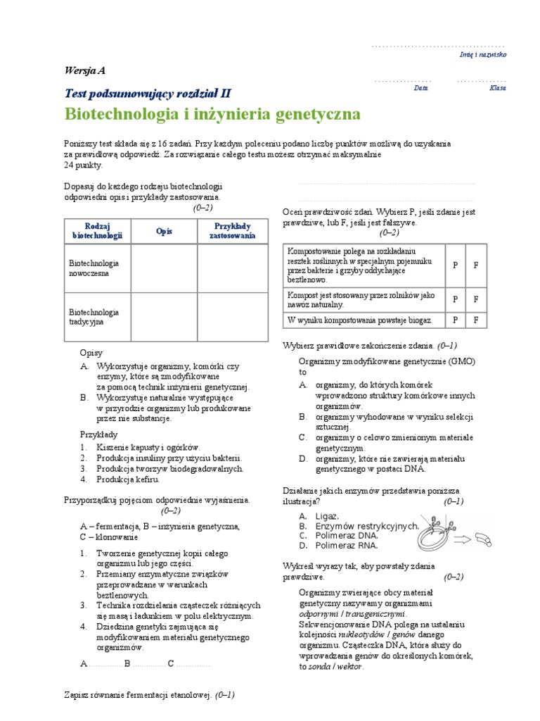 Biologia Biotechnologia I Inżynieria Genetyczna Odpowiedzi