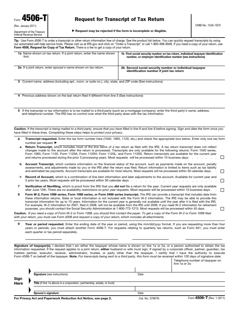 IRS Form 4506-T: Tax Transcript Request | PDF | Finance & Money ...